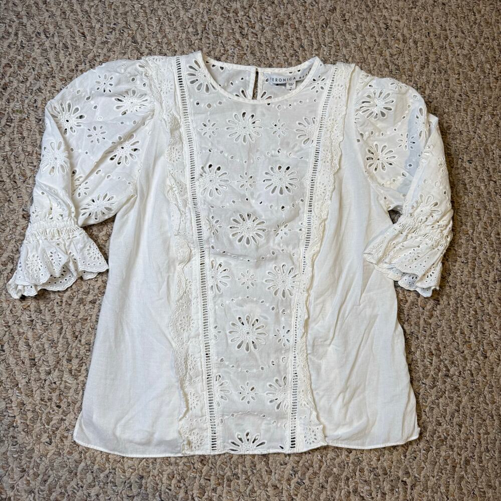 Veronica Beard Eyelet Lace Pattern Cream Ivory Bateau Neckline Blouse Boho Sz 0‎